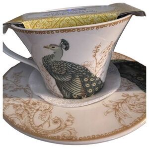 222‎ FIFTH SERENE PEACOCK Fine China Gold Inlay Accents Cup & Saucer Set NIB